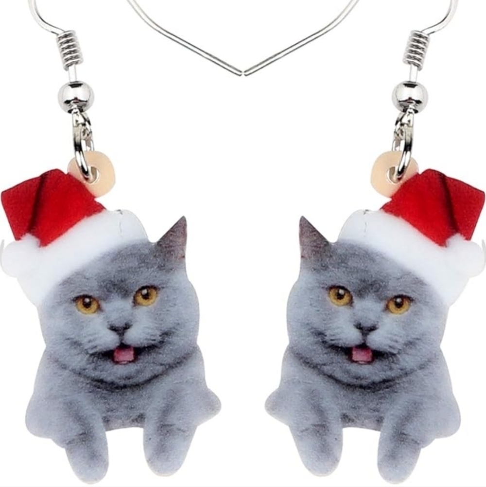 Women's jewelry festive holiday gray cat smiling in Santa hat dangle earrings
